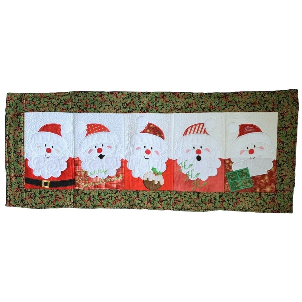 Handmade SANTA Christmas Applique Quilted Embroidered Table Runner Topper 41x17